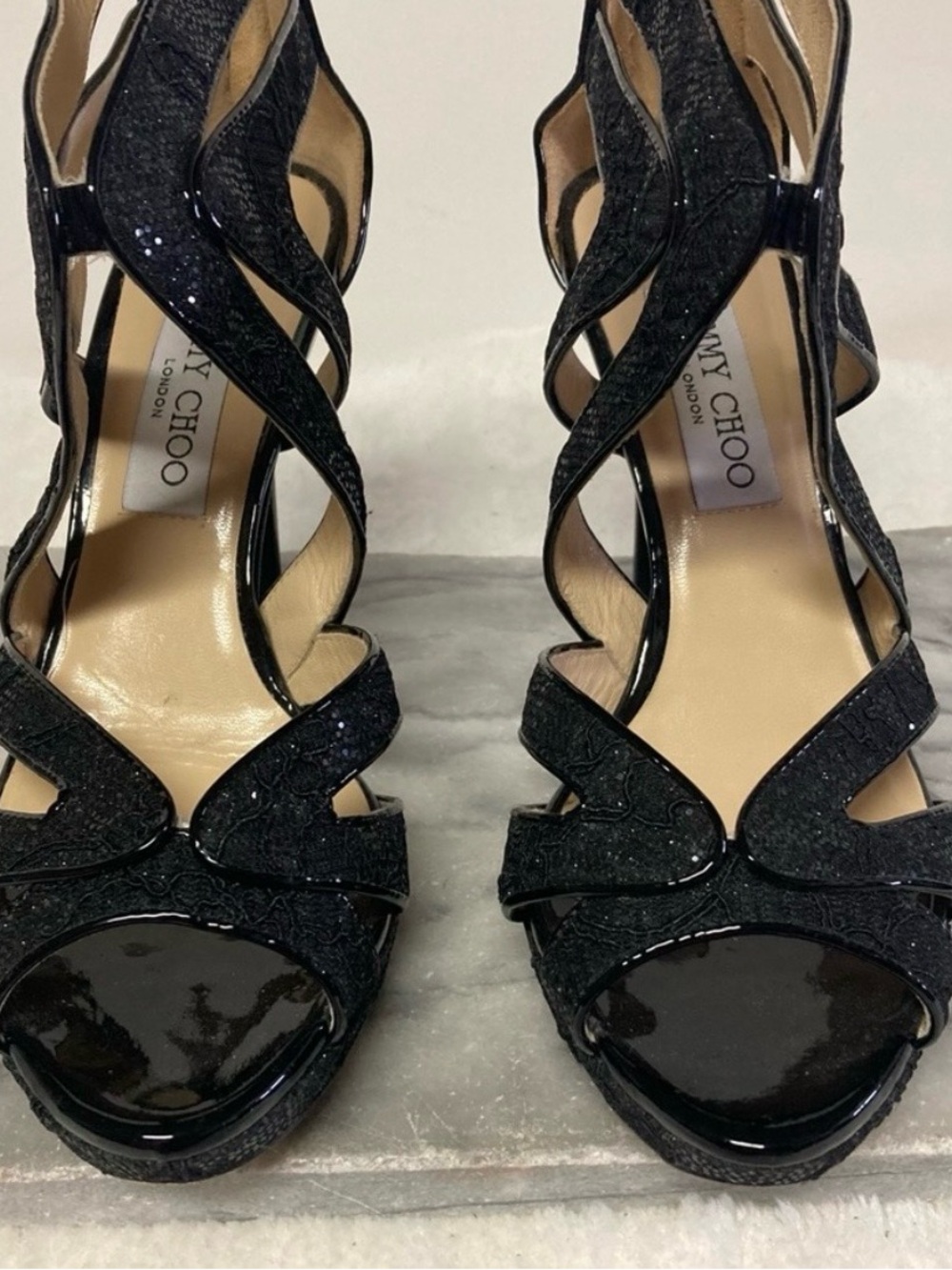 Jimmy Choo Leila Lace Glitter Collar Heels Black Sz 6.5 Authentic